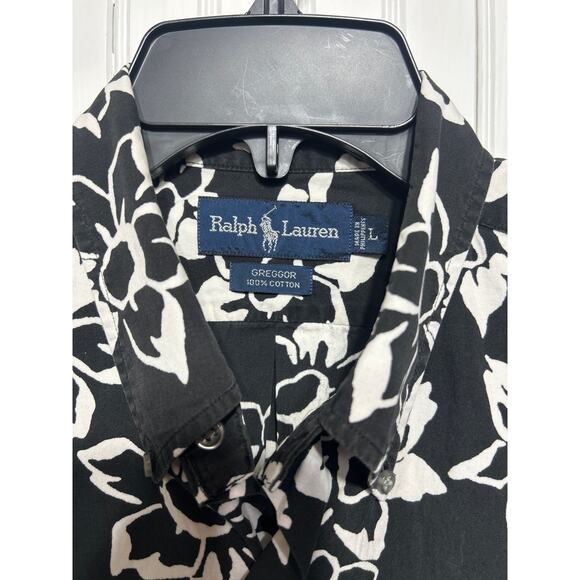 Ralph Lauren Greggor Mens Shirt L Black White Short Sleeve Hawaiian Floral Print - Picture 2 of 5